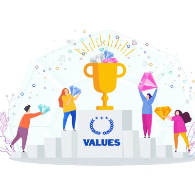 Business values concept. Company values shared by staff. Employees support the company ideas, business vision, mission, development concept. Trendy flat vector style illustration.